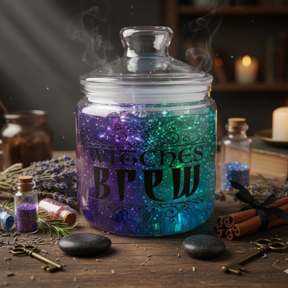 "Witches Brew" Clear Treats Container Jar Alchemy Fall Fun Desk Office - Picture 1 of 3